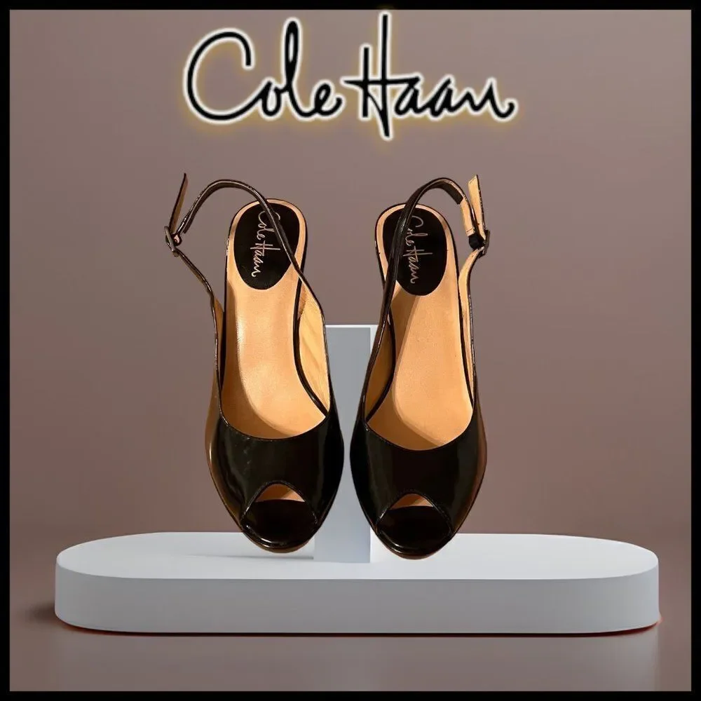 Cole Haan Air Women's Black Patent Leather Peep-Toe Slingback Heels Size 9 AA